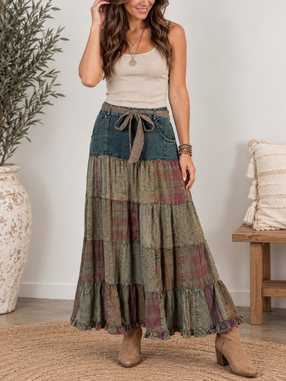 493. Women's Stone Patchwork and Denim Boho Skirt